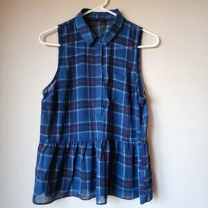 American Eagle Outfitters Top Womens Sz L Blue Sheer Plaid Snap Front Sleeveless
